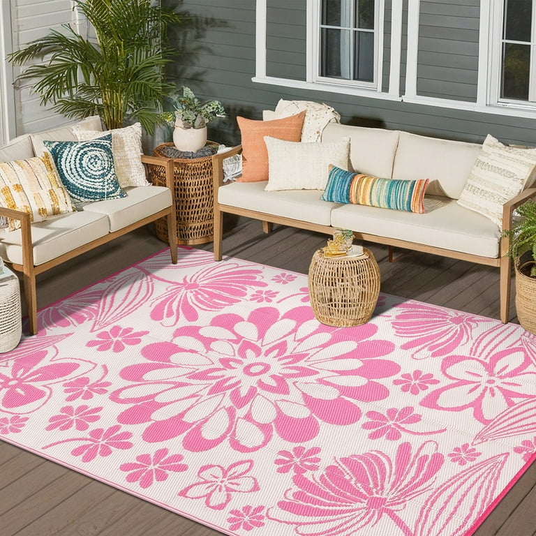 LOKHOM 9'x12' Pink Outdoor Rug Waterproof Reversible Plastic Straw