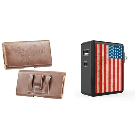 

Holster and Wall Charger Bundle for Samsung Galaxy A13 4G: Eagle Horizontal Belt Pouch Case (Brown) and 45W Dual USB Port PD Power Delivery Type-C and USB-A Power Adapter (Vintage American Flag)