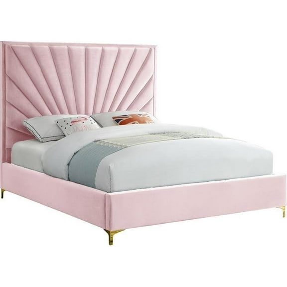 Maklaine Contemporary Solid Wood and Velvet Full Bed in Pink