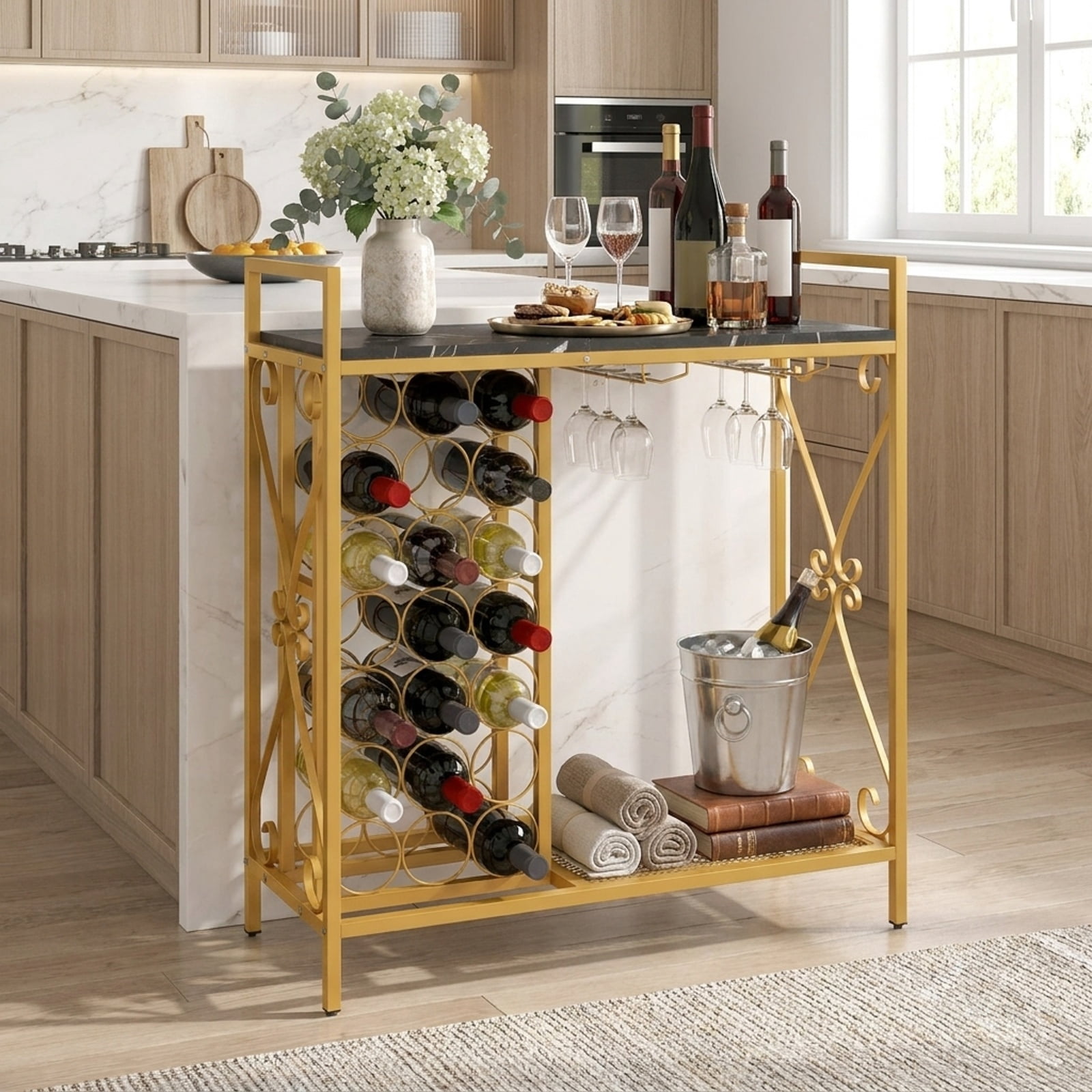 RUIE 21 Bottle Freestanding Wine Rack, Floor Wine Bottle Organizer with Glass Holder, Metal Wood Storage Shelf for Kitchen Dining Room - Black Golden