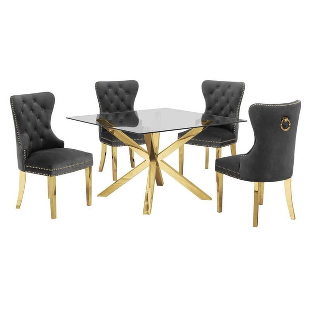 Square 47" x 47" Clear Glass 5pc Dining Set with Gold Stainless Steel