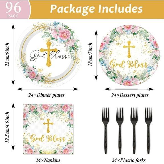 SHILIU-96 Pieces God Bless Flower Party Plates Baptism Theme Party Decorations First Holy Communion Paper Plates and Napkins God Bless Floral Disposable Dessert Tableware Set Mi Bautizo Supplies 24 G