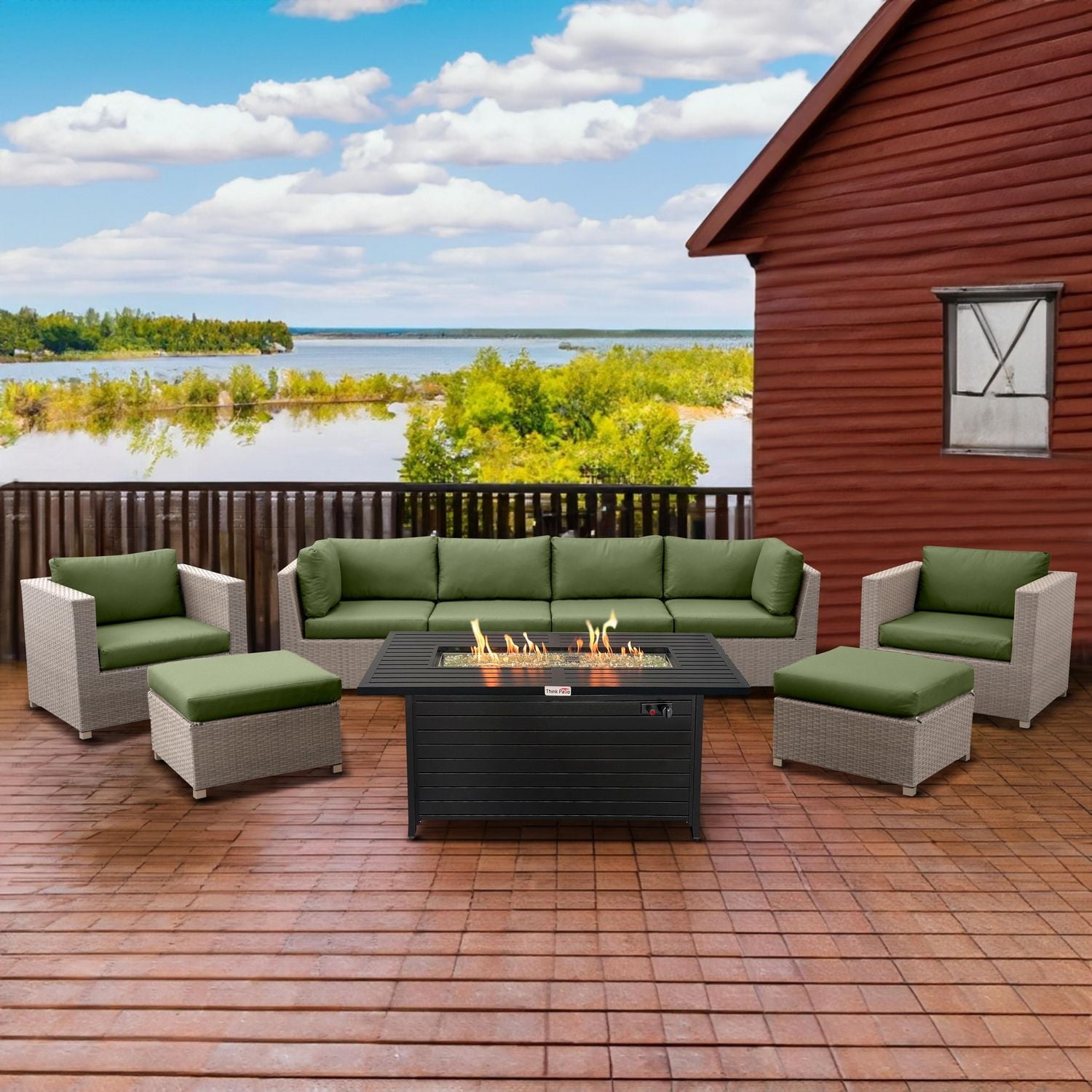 Chambers Bay Collection 9-Piece Aluminum Patio Conversation Set with Green Cushions and Rectangle Fire Table