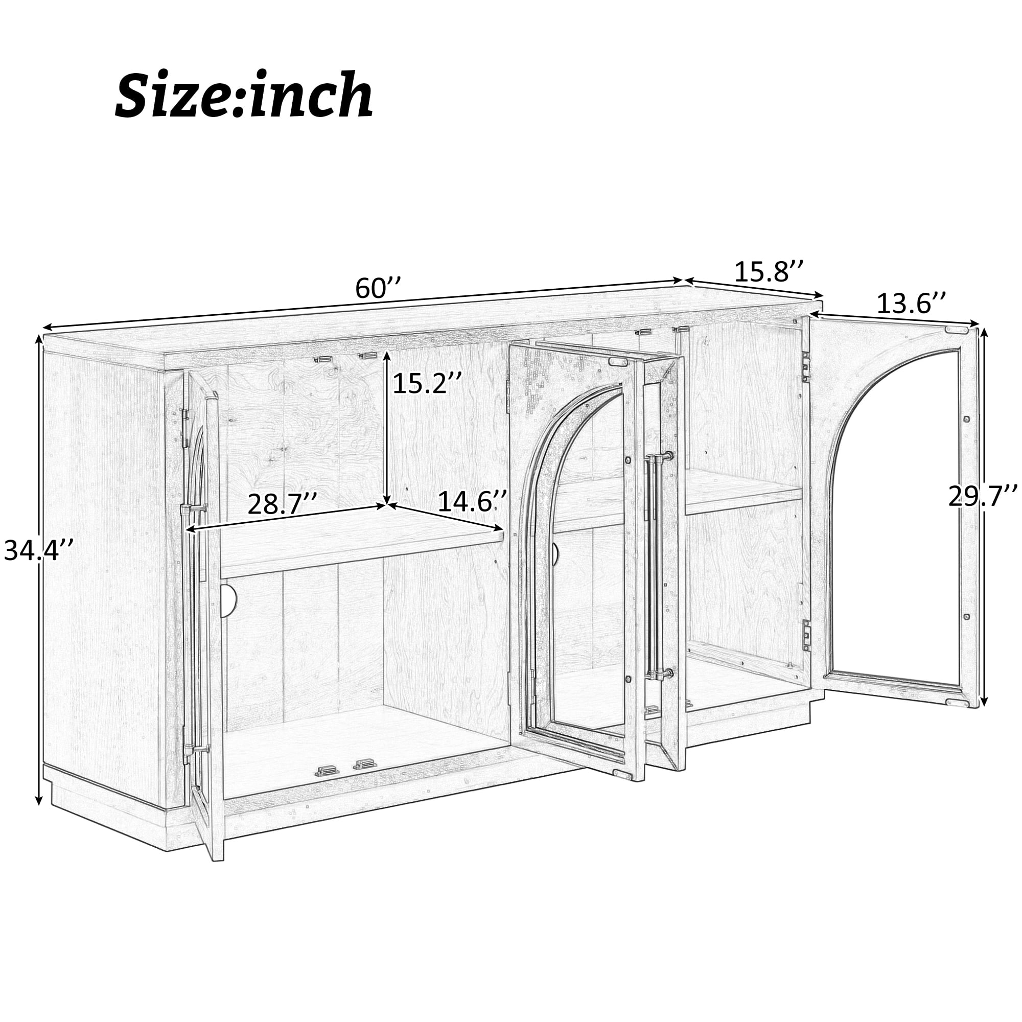 EUROCO 60" Large Sideboard Buffet Cabinet,Storage Cabinet with Glass Doors and Adjustable Shelves,Arched Kitchen Cabinet Display Cabinet for Kitchen, Living Room, Hallway,Black