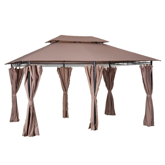 Outsunny 10' x 13' Patio Gazebo, Outdoor 2-Tiers Garden Canopy Yard Sunshade Shelter with Curtains, Khaki