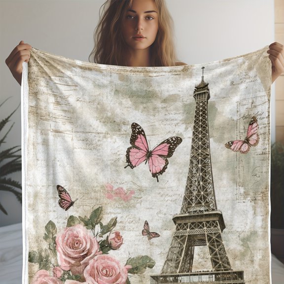Vintage Paris Eiffel Tower and Rose Butterfly Print Throw Blanket - Soft Cozy Flannel, Multipurpose Digital Printed Knit Blanket for Couch, Bed, Office, Travel