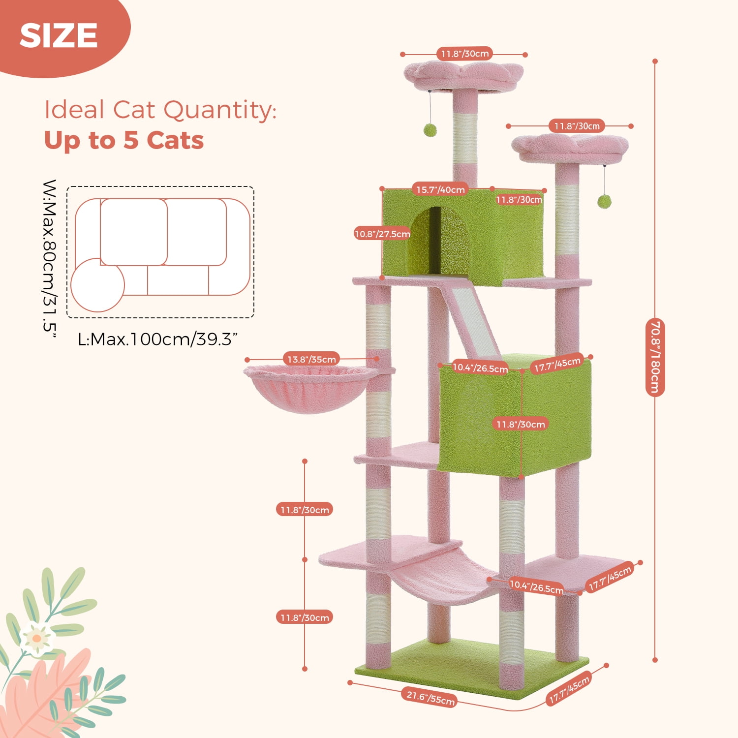 Pefilos 70.8" Tall Flower Cat Tree for Adult Indoor Cats, 8-Levels Large Cat Tower with 8 Sisal Posts, 2 Hammocks, 2 Condos, Big Perch & 3 Pom Poms, Beige