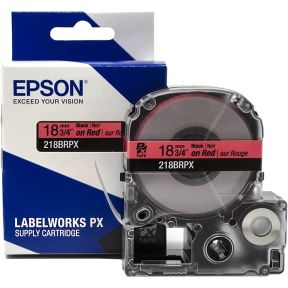 Epson LABELWORKS 218BRPX - Black on Red PET Label Maker Tape - 3/4" (18MM) Wide, 30'