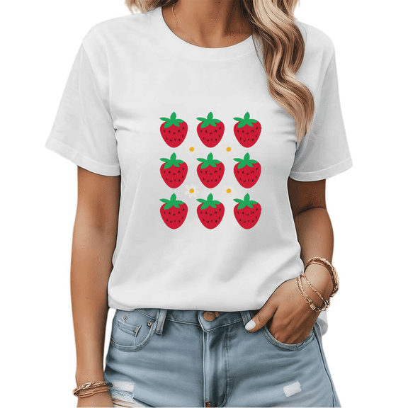 White Print Tshirt Graphic Tees Simple Strawberry Daisy Illustration Shirts S-5XL Tops