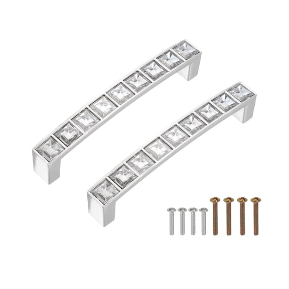 Uxcell U Shape Crystal Glass Drawer Cabinet Pulls, Alloy Drawer Handle Pulls for Kitchen Cupboard Dresser Drawer Decor, Silver (3.8 Inch Hole Centers, 2 Pack)