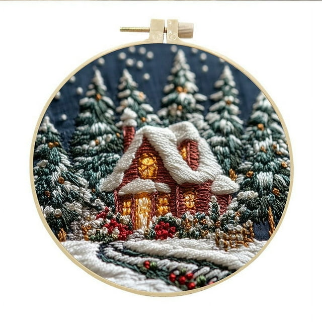 Christmas Embroidery Kit for Beginners, Full Hoop with Winter Snowy Village Design, Includes Needles and Instructions, DIY Craft for Adults and Holiday Gift Idea