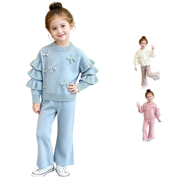 XAOFW Toddler Girl Outfits Long Sleeve Flower Knitted Tops Pants Kids Fall Winter Cozy Clothing Sets 3-4 Years