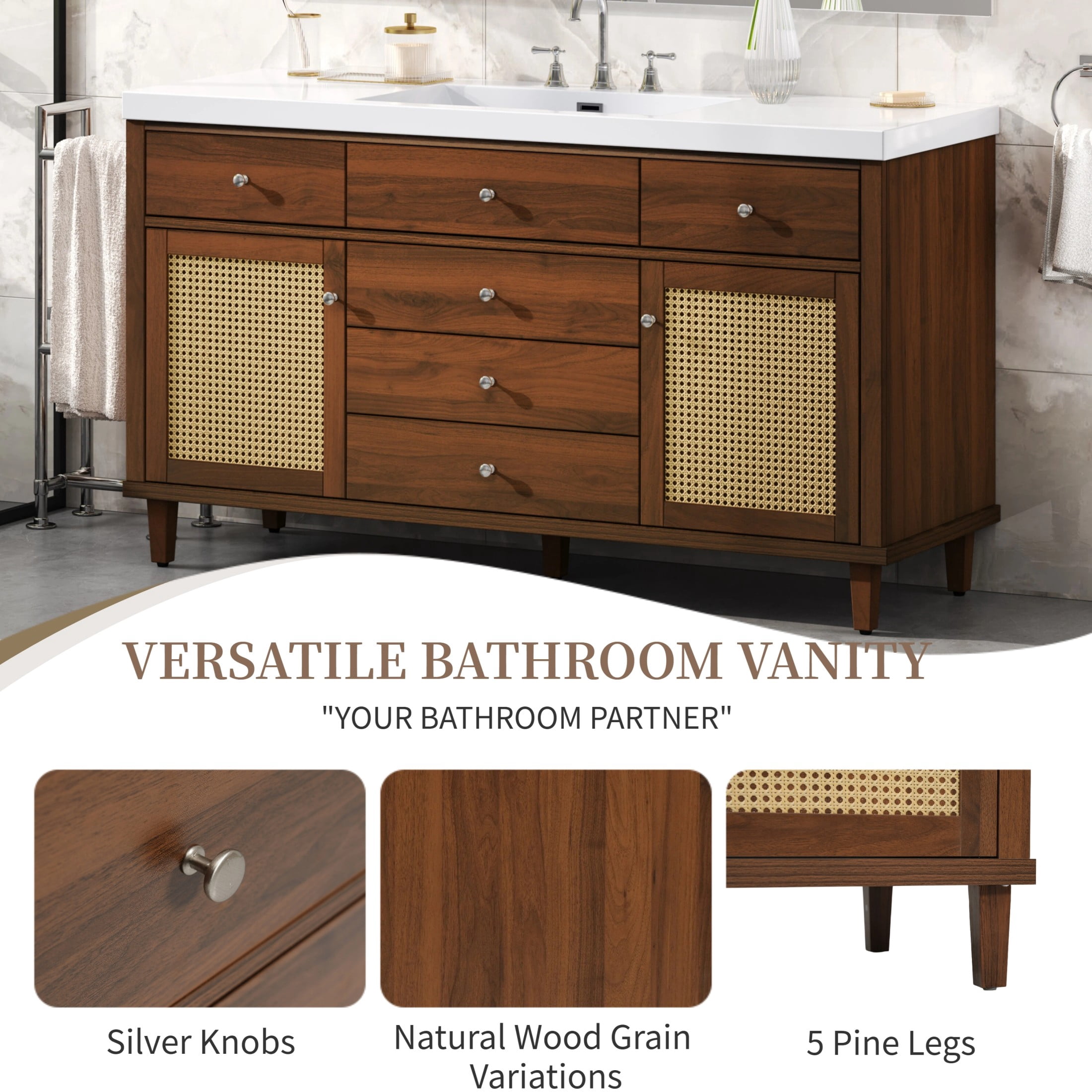 Christopher Knight Home 60" Bathroom Vanity with SMC Sink, Storage Cabinet and Drawers, Wood Frame, Brown