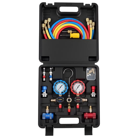 R134a R404A R1234yf R22 Refrigerant AC Manifold Gauge Set with 5ft Hoses Adapters Quick Couplers Can Taps for Automotive AC Maintenance Charging Evacuation