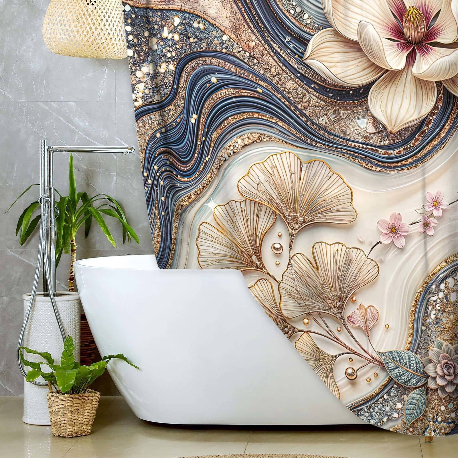 Gray White Luxury Gold Marble Floral Shower Curtain, Elegant Magnolia Ginkgo Succulent Bathroom Decor, Modern Abstract Geode Bath Curtain, Waterproof Polyester Fabric with Hooks,70X75in