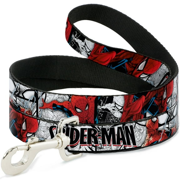 Marvel Comics Pet Leash, Dog Leash, Spider Man Action Poses Comic Scenes White Black Red, 6 Feet Long 1.0 Inch Wide