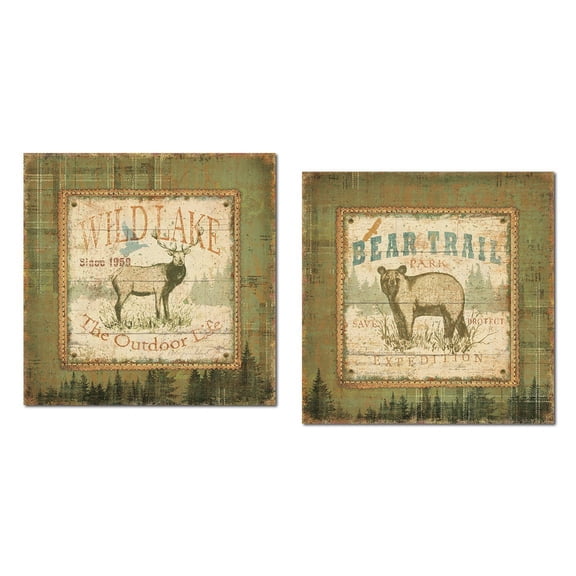 Rustic Green Wild Lake Buck and Bear Trail Park Adult Lodge Decor; 2 - 12" x 12" UNFRAMED Posters