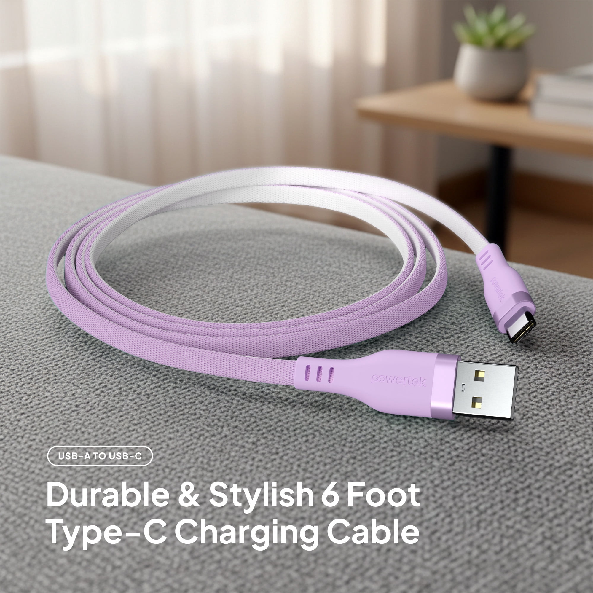 Powertek USB-A to USB-C Two-Tone Pastel Fast Charge Cable, 6 ft, Purple