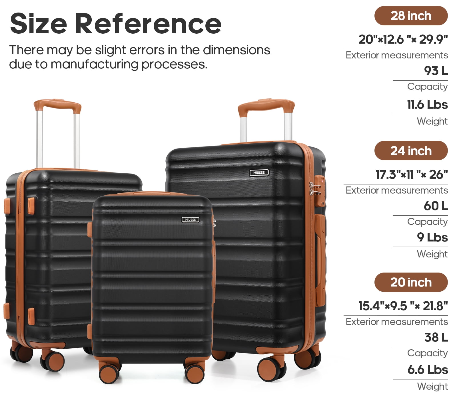 MIUSSE Hard Shell Luggage Sets, 3 Piece Luggage Set, 20/24/28 IN Carry On Luggage with TSA Lock Spinner Wheels, Hard Shell Suitcases Women Men