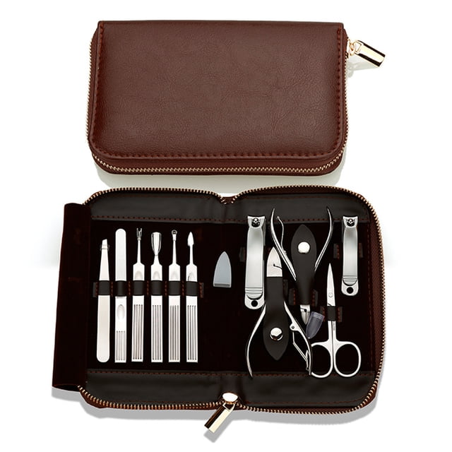 Set de manicura, kit de uñas 11 en 1, regalos para hombres, kit de pedicura, estuche de viaje de cuero de acero inoxidable, herramientas de aseo, cortaúñas