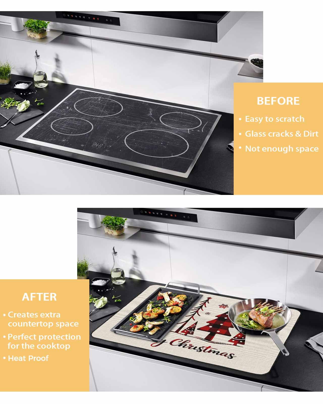 Large Induction Cooktop Protector Mat Christmas Tree Stove Top Covers for Electric Stove, Xmas Red Buffalo Plaid Snowflakes Vintage Decorative Stove Burner Cover Mats, Glass Top Stove Cover