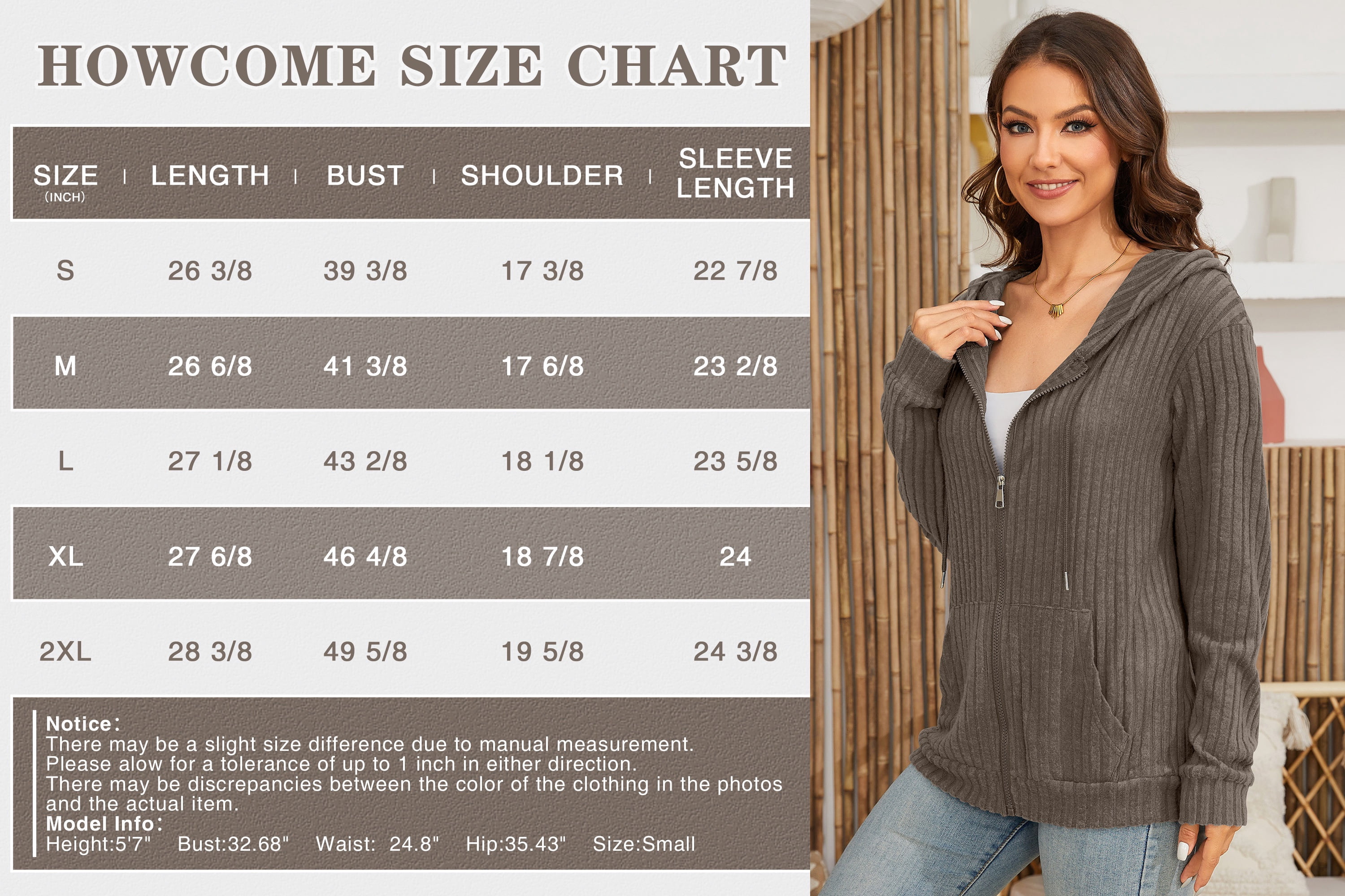 HOWCOME Basic Lightweight Full Zip Hoodie for Women Long Sleeve Thin Cardigan Jacket Drawcord Hood and Kangaroo Pockets Brown X-Large
