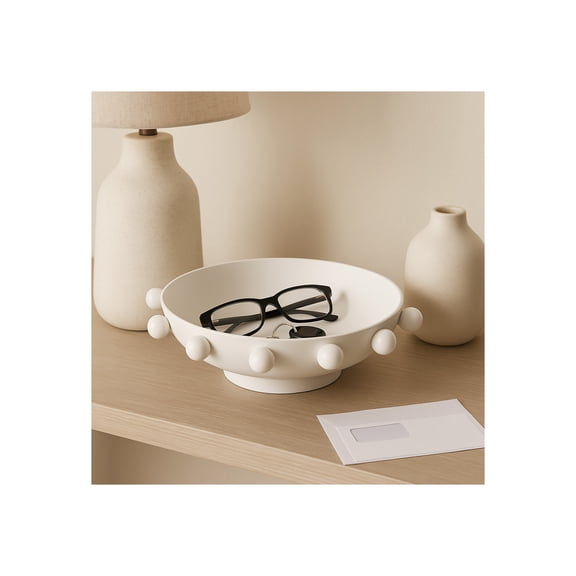 Modern Round Bowl with Knobs for Coffee Table Decor - Decorative Centerpiece Table Decorations for Home Decor Accents - Elegant Kitchen Counter Decor, Key Bowl, or Candy Bowl - 4.25", White