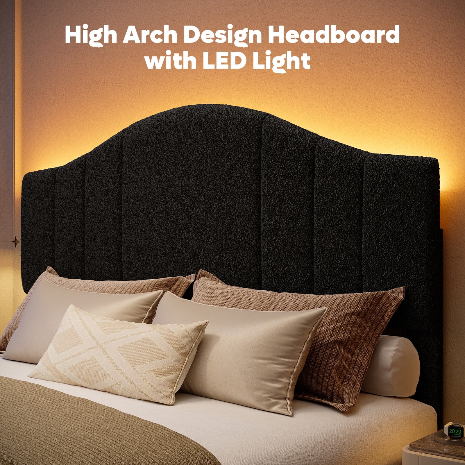 Pinmoco Full Upholstered Bed Frame with Adjustable Arc-shaped Headboard, LED Platform Bed, Teddy Velvet Black