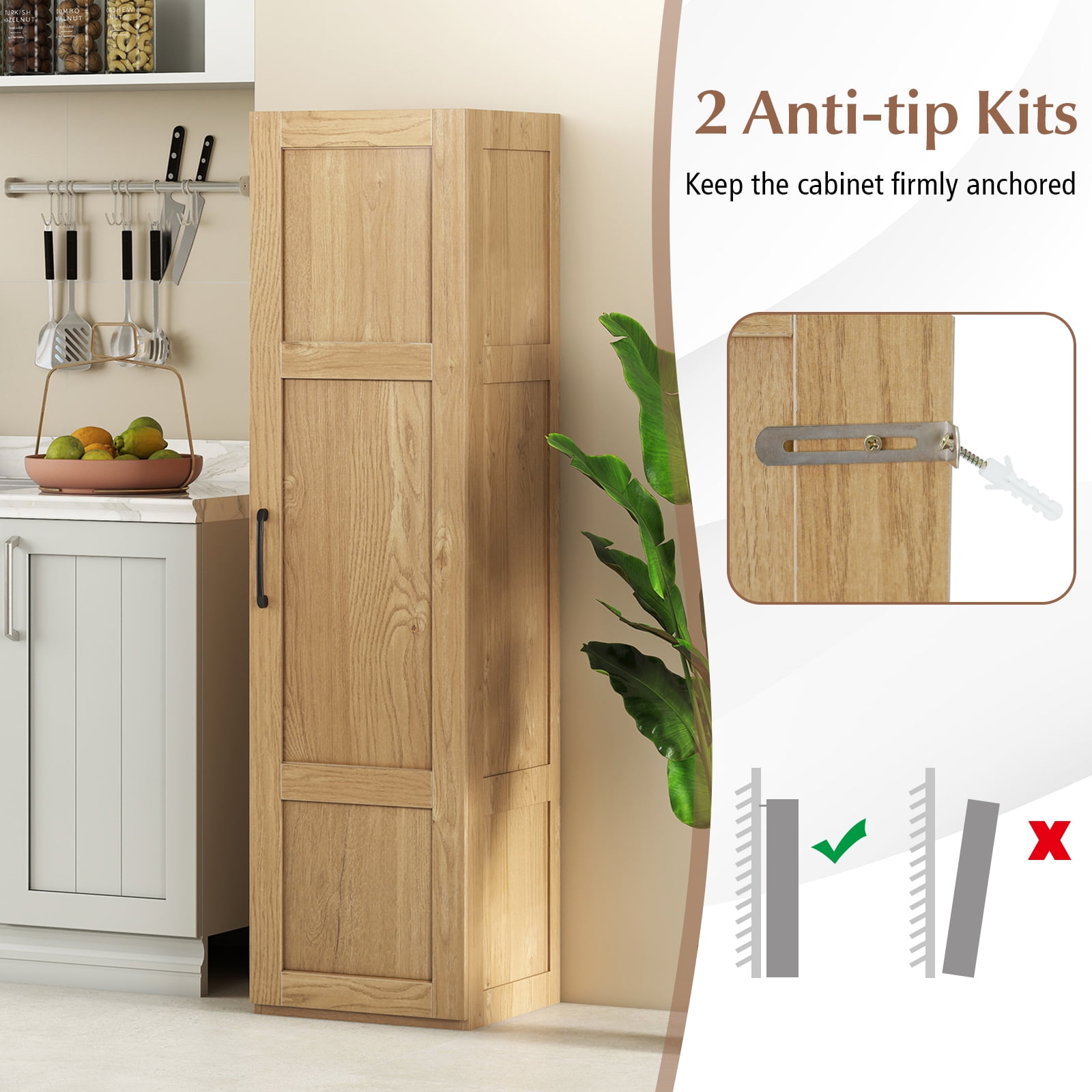 Gymax Tall Storage Cabinet Narrow Farmhouse Freestanding Floor Cabinet w/ 4 Shelves Natural
