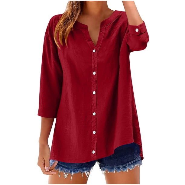 Vestidos Casuales Para Mujer, Blusas De Mujer De Moda Blusas de moda para mujer, de color liso, de imitación de lino y lino, con mangas 3/4, escote en V y botones.