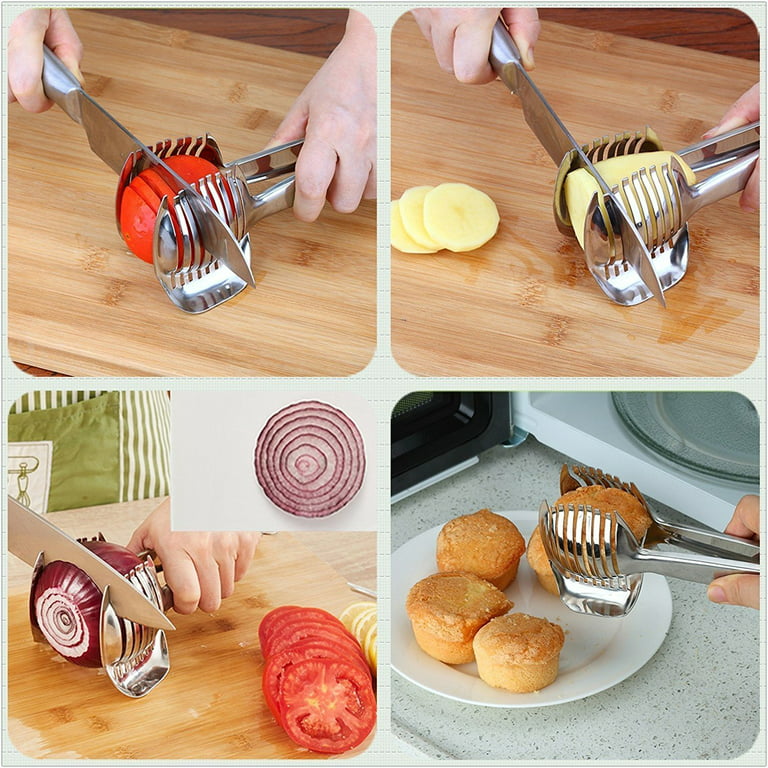 2pcs Ruooson Onion Holder for Slicing, Stainless Steel Prongs Kitchen Slicer, Lemon Potato Cucumber Vegetable Cutter Comb,Meat Tenderizer,(white and