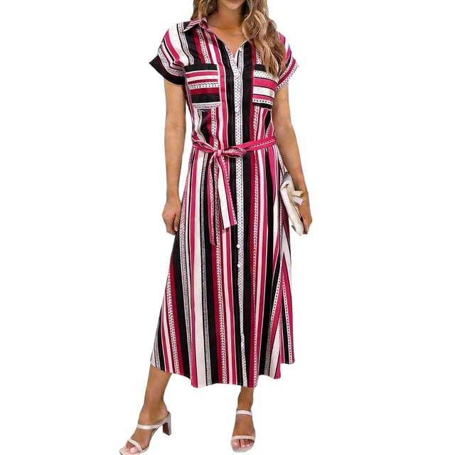 Robe de Travail Décontractée pour Femmes avec Ceinture à la Taille Chemise à Manches Courtes Col Robe Rayée