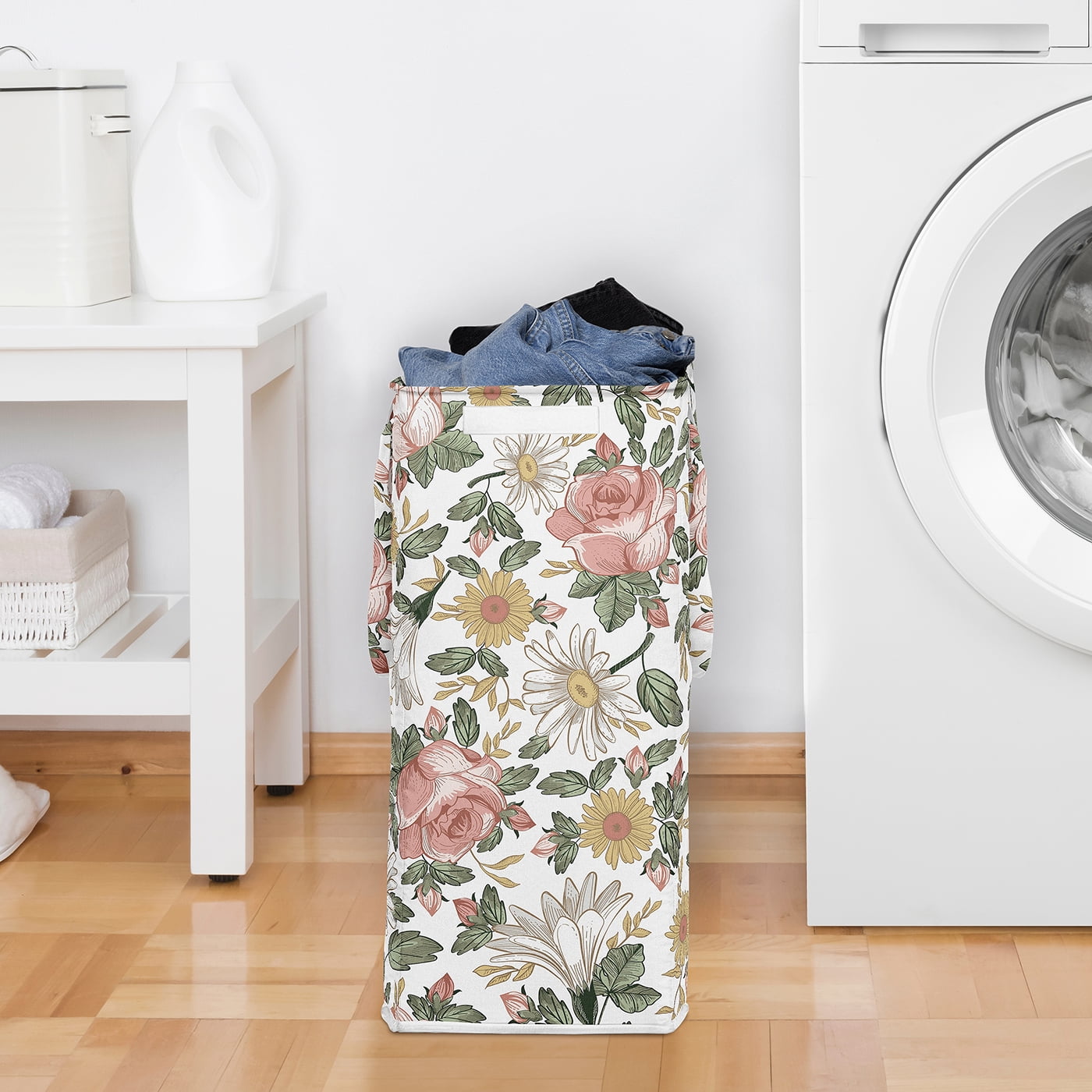 Sweet Jojo Designs Vintage Floral Pink Green and Yellow Foldable Laundry Hamper with Handles