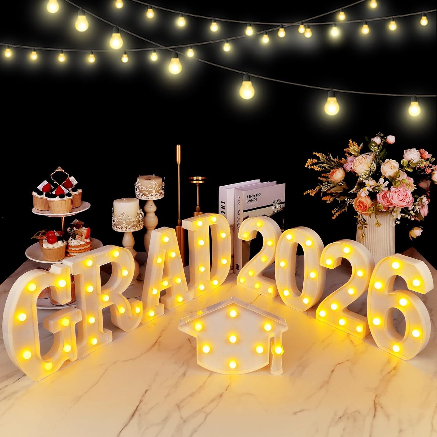 GRAD 2026 LED Light Up Letters Sign with Graduation Cap, Graduation Decorations for Class of 2026 Party, Table or Wall Decor for Kindergarten Preschool High School College