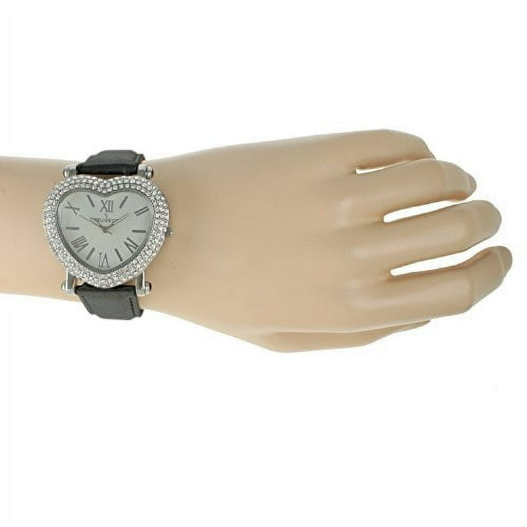 Womens Heart Shaped Crystal Watch Black Strap