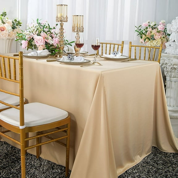 Wedding Linens Inc. Wholesale Scuba Wrinkle Free 90" x 132" Rectangular Table Cover Tablecloth - Champagne