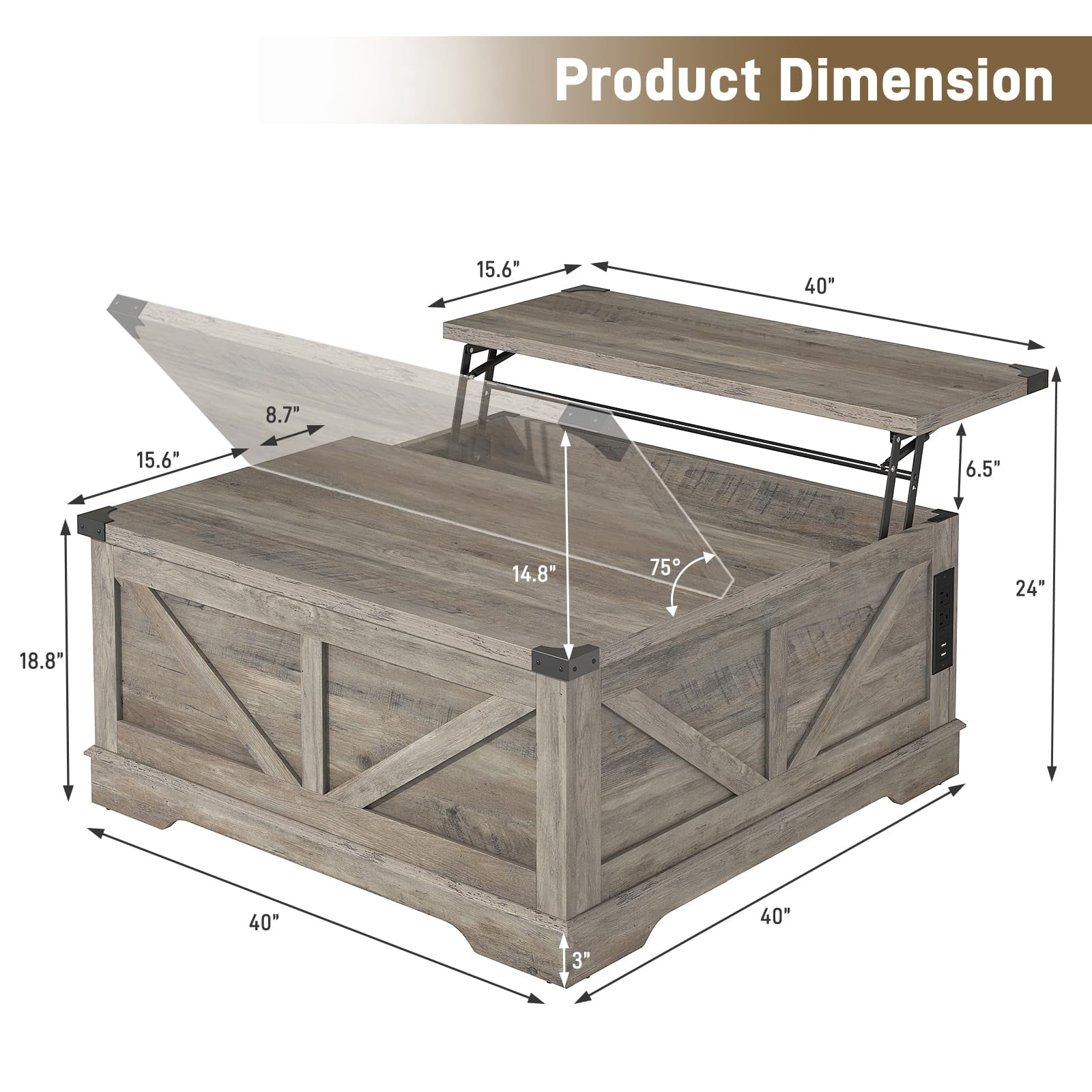 40" Large Farmhouse Lift Top Coffee Table with Power Outlets, Square Wood Living Room Table with Large Hidden Storage, Multi-Function Lift Wooden Barn Door Center Table, Gray