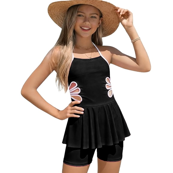 CCRFTGI Swimsuit for Kids Girls Size 10-12 Summer Sleeveless Two Piece Cute Tankini Beach Sport Bikini Sets Swimming Girls Fashion Bathing Suits Black 7-8 Years