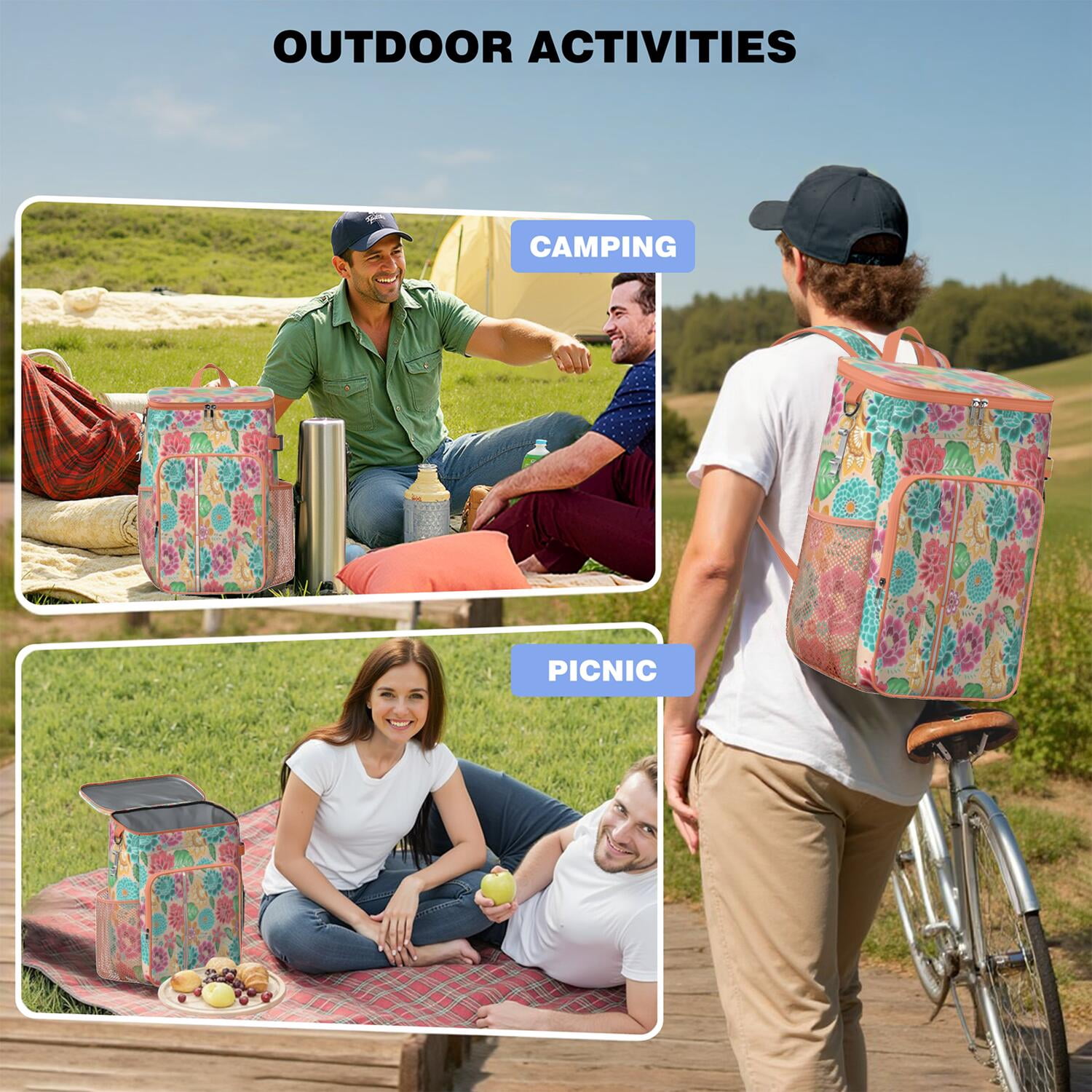 Travel Cooler Bag - Pioneer Flower Floral Print Pattern Camping Beer Cooler Backpack with Bottle Opener- Waterproof Insulated Picnic Backpacks - Cooler Bag for Beach