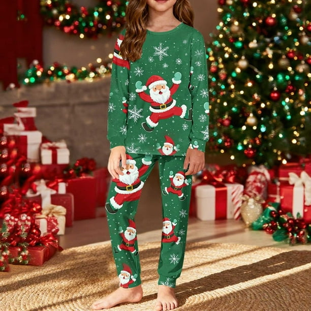 Conjuntos de blusas y camisas de cuello redondo y manga larga con estampado navideño para niños Camisa de manga larga con cuello redondo y cintura elástica Pantalones largos Conjunto de traje de casa