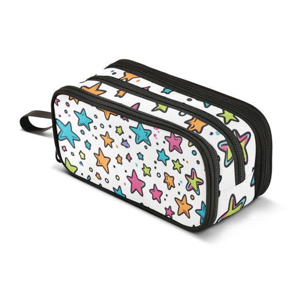 FORMRS Pencil Case with 3 Compartments Zipper Pouch, Elementary School Level and up, White Stars