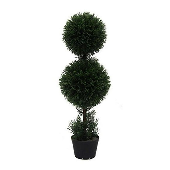 Vickerman 3' Artificial Double Ball Green Cedar Topiary Potted in a Black Planters Pot UV Resistant