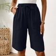 thumbnail image 7 of Women's Cotton Linen Bermuda Shorts Knee Length Elastic Waist Loose Fit Summer Casual Shorts with Pockets, #03 Navy, XXL, 7 of 7