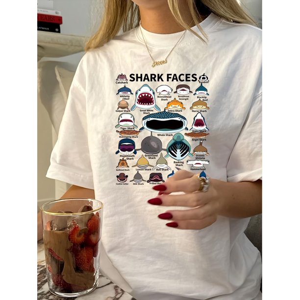 1pc Vintage Shark Faces Graphic Tee for Women, Casual Round Neck Short Sleeve T-Shirt, Summer Knit Cotton Top with Geometric Pattern Design