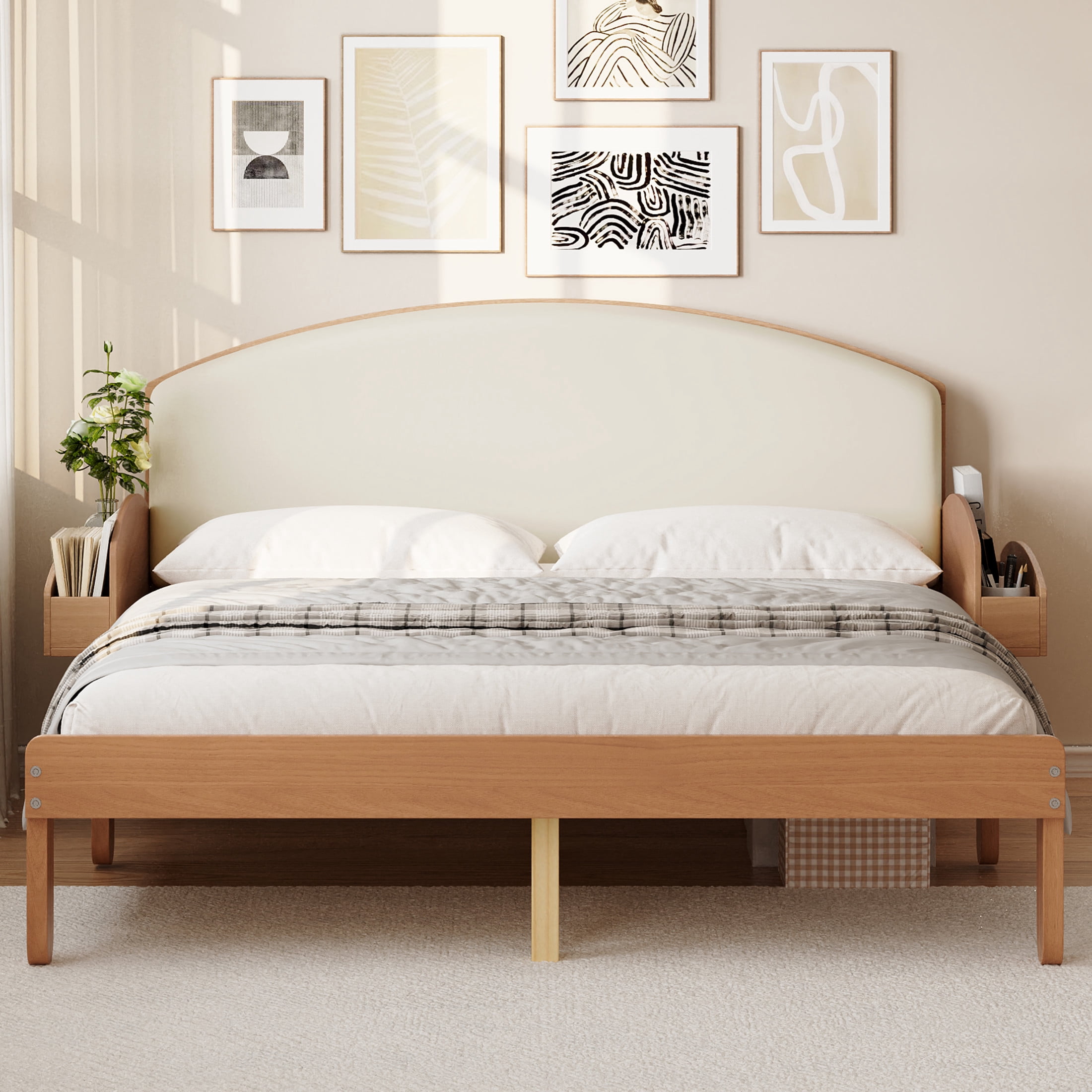 Noble House Full Size Platform Bed with Curved Padded Headboard, Side Storage Shelves, Light Walnut