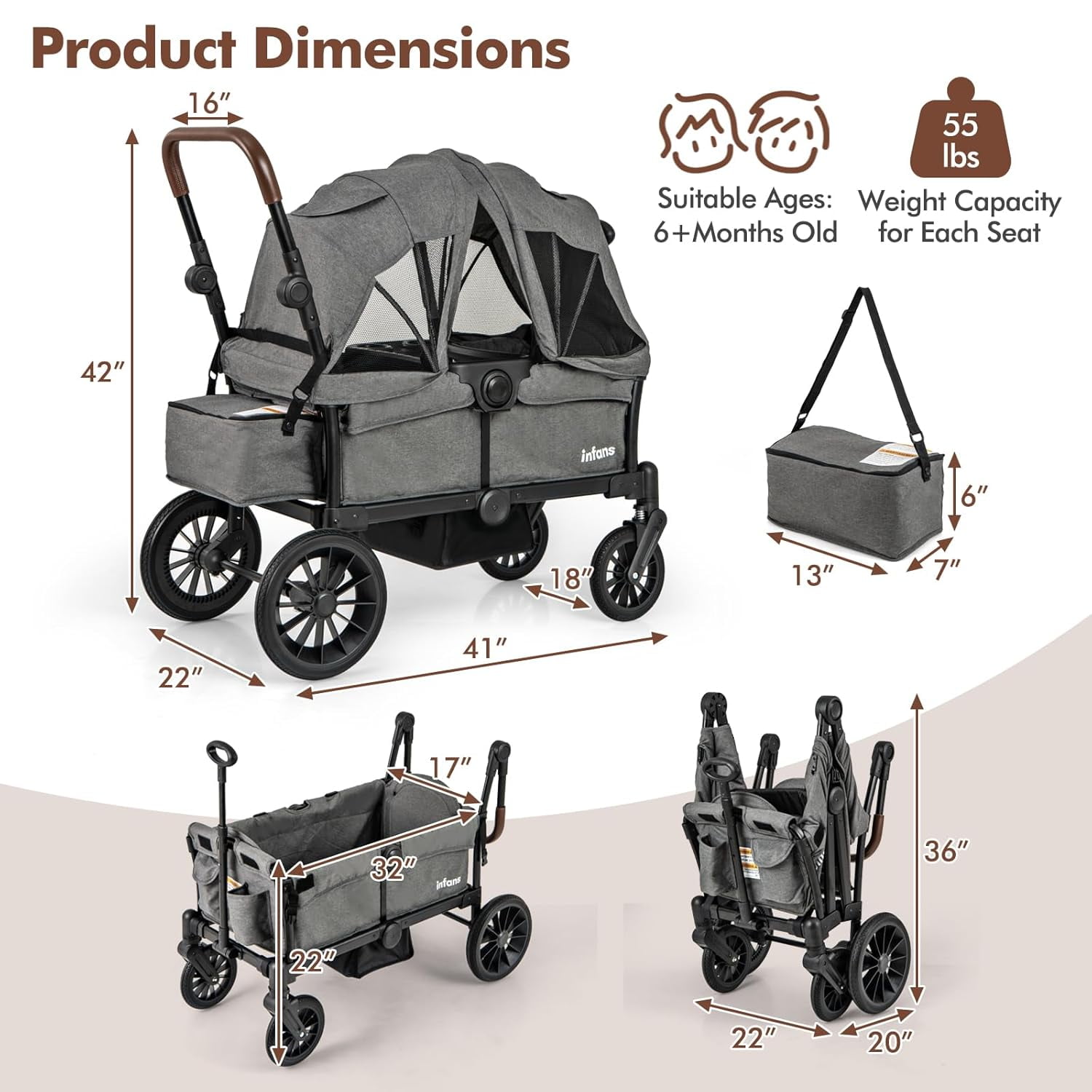 INFANS Wagon Stroller for 2 Kids, Collapsible Adjustable Push Pull Handle Bar, 2 Seater Stroller Wagon with Removable Canopy Snack Tray, Comfortable Drop-Down footwell and Upholstered Seats