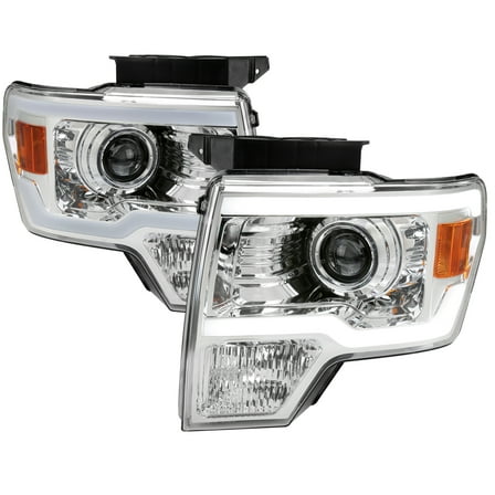 LED Strip Projector Headlights (Chrome Housing/Clear Lens) Made for and Compatible with 2009-2014 Ford F-150