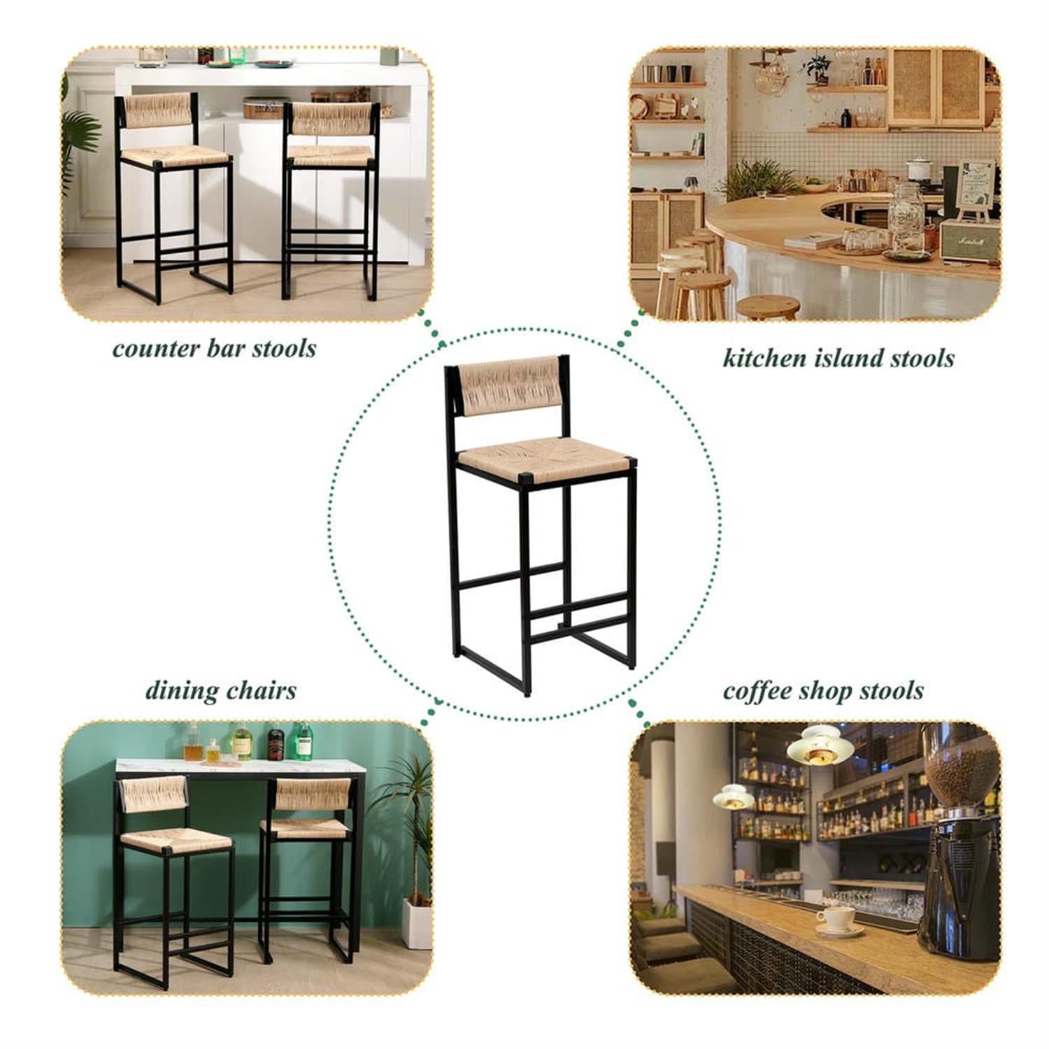 Demi Bonn 34" Counter Height Bar Stools Set of 2, Paper Rope Weave Barstools with Back, Armless Kitchen Island Countertop Chairs for Dining Room, Beige