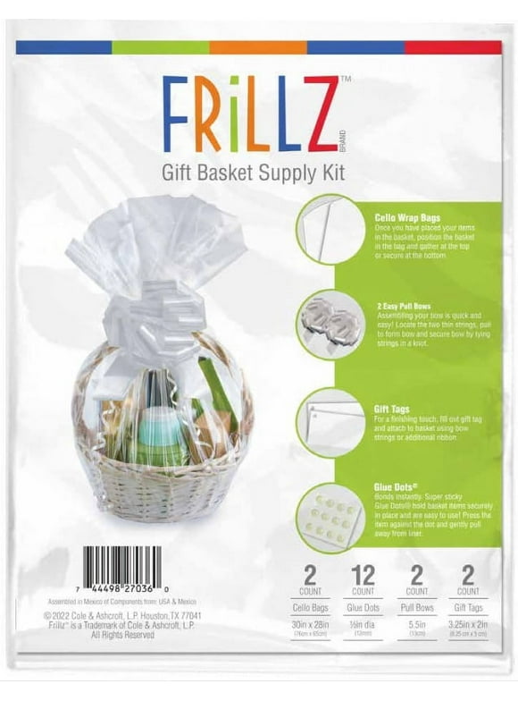 Frillz Brand Gift Basket Wrap 2 Pack Kit: 2 Ribbon Bows, 2 White Tags, 2 Clear Bags, 12 Glue Dots
