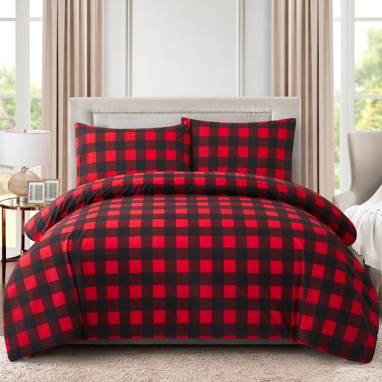 Marina Decoration Ultra Soft Silky Rich Printed Rayon from Bamboo All Season Duvet Cover Fitted Sheet Ensemble Bedding Set with Zipper and Corner Tie, Red Black Plaid Pattern
